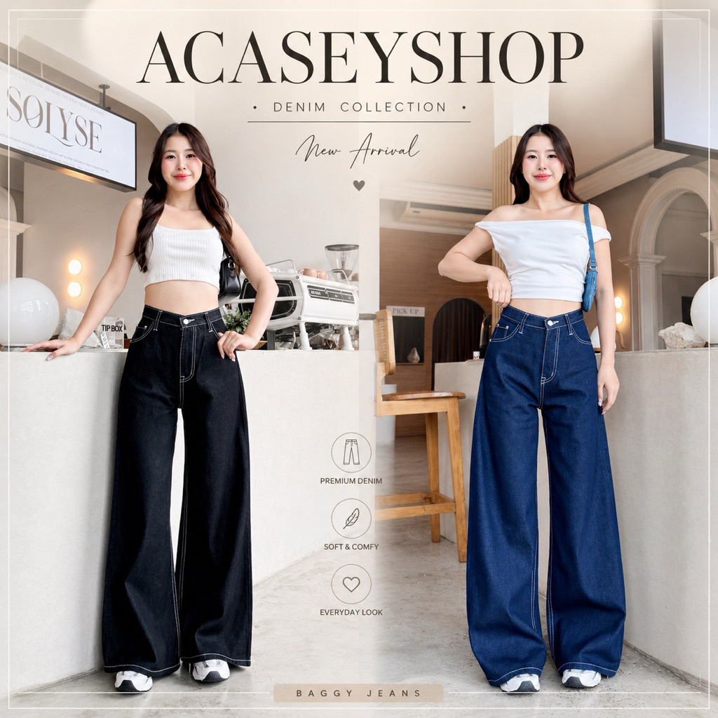 Acasey กางเกงยีนส์ผู้หญิง ขายาว ทรงกระบอกขาใหญ่ Baggy Denim Lang Nam ไซส์ S - XL