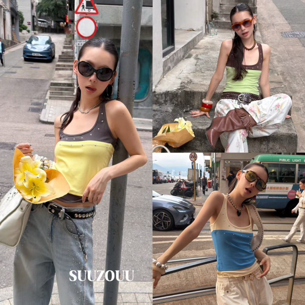 📍พร้อมส่ง📍#SU270🇰🇷เสื้อกล้าม แต่งผ้าสองสี แต่งอะไหล่สีเงิน งานสวยน่ารัก ผ้ายืดหยุ่น Tag MMfish🇰🇷