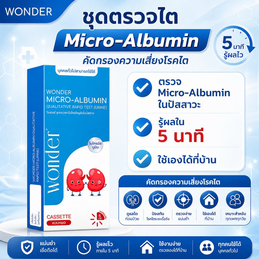 WONDER | ชุดตรวจคัดกรองไตระยะเริ่มต้น | ไมโครอัลบูมินในปัสสาวะ Self-Test รู้ผลไว