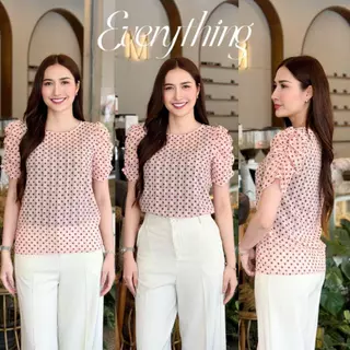 Everything2019 แบรนด์เอฟเวอรี่ติง - เสื้อคอกลม แขนสั้นแต่งยกไหล่ ลายสวยน่ารัก (6493)