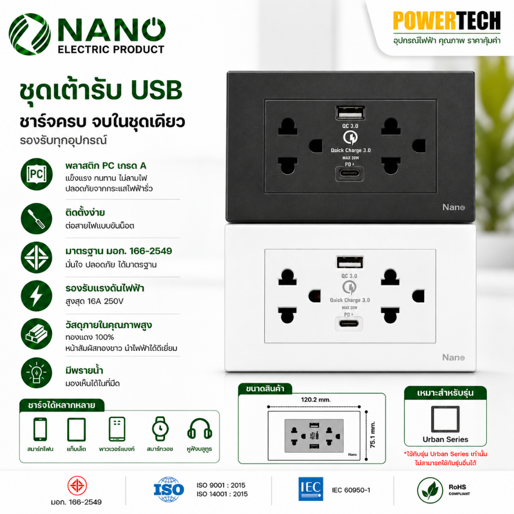 Nano ชุดเต้ารับคู่มีกราวน์มีม่านนิรภัย+USB TypeA+TypeC สีดำ (1 ชิ้น) CP-66U-B CP-66U-W