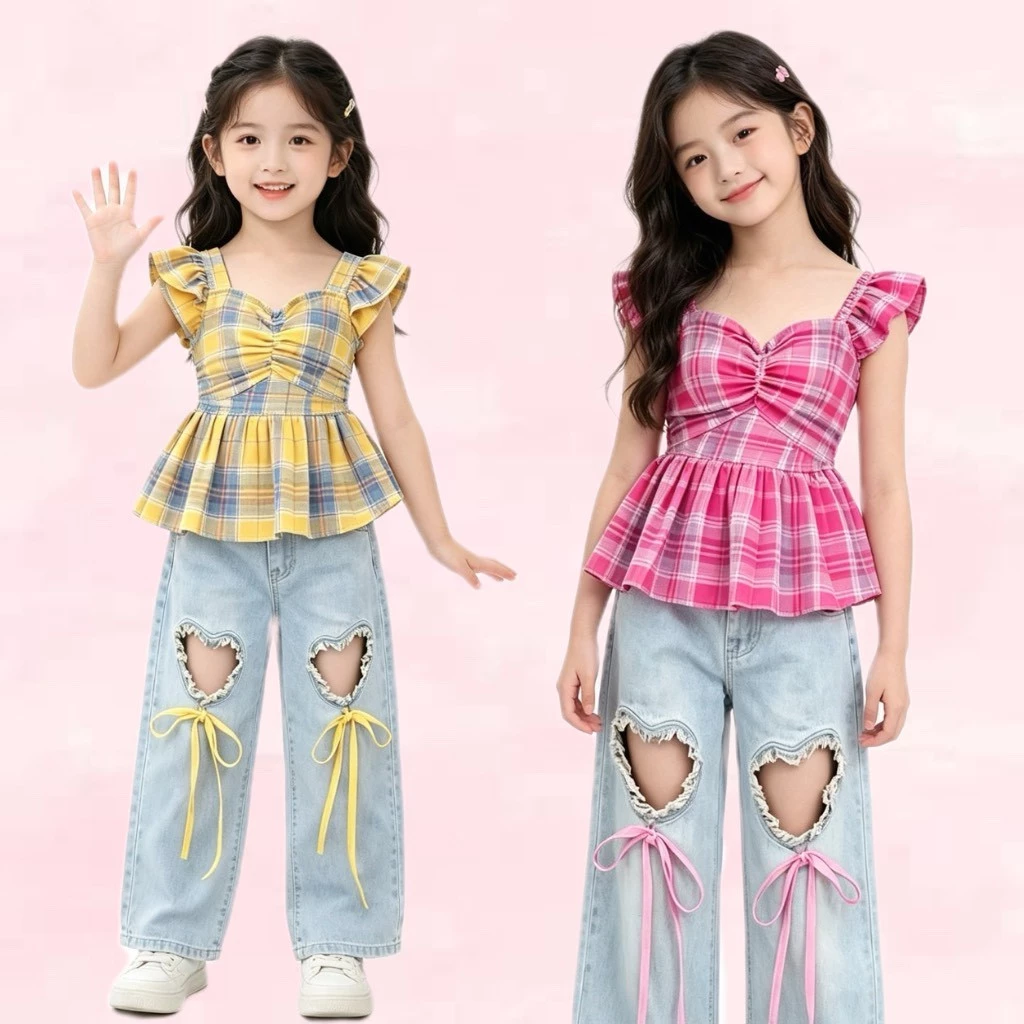 BB274 ชุดเด็กผู้หญิงสายแฟ เสื้อสายเดี่ยวลายสก็อต + กางเกงยีนส์หัวใจสุดคิ้วท์