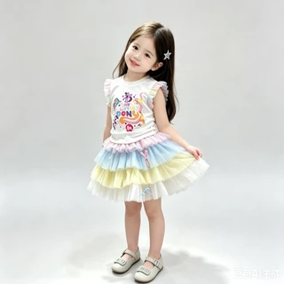 BB275 ชุดเด็กผู้หญิง ลายการ์ตูนน่ารักเสื้อแขนระบาย + กระโปรงฟูสายรุ้ง