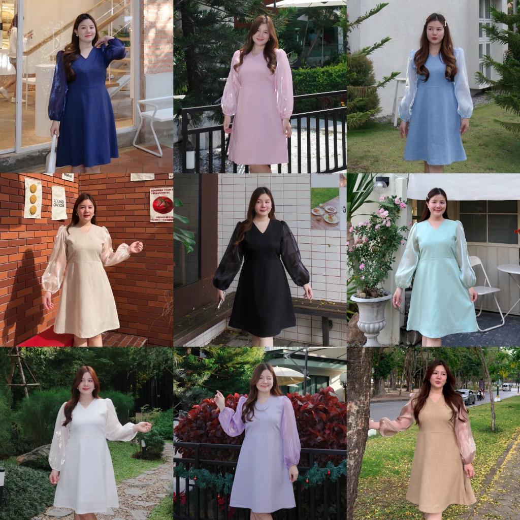 (❤️อกถึง 50") Glass Sleeve Dress เดรสสาวอวบ ชุดสาวอวบ