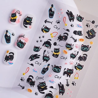 สติกเกอร์เล็บแมวหมาน่ารัก คาวาอี้ แมวดำ การ์ตูนสัตว์ ตกแต่งเล็บ DIY สไตล์น่ารัก