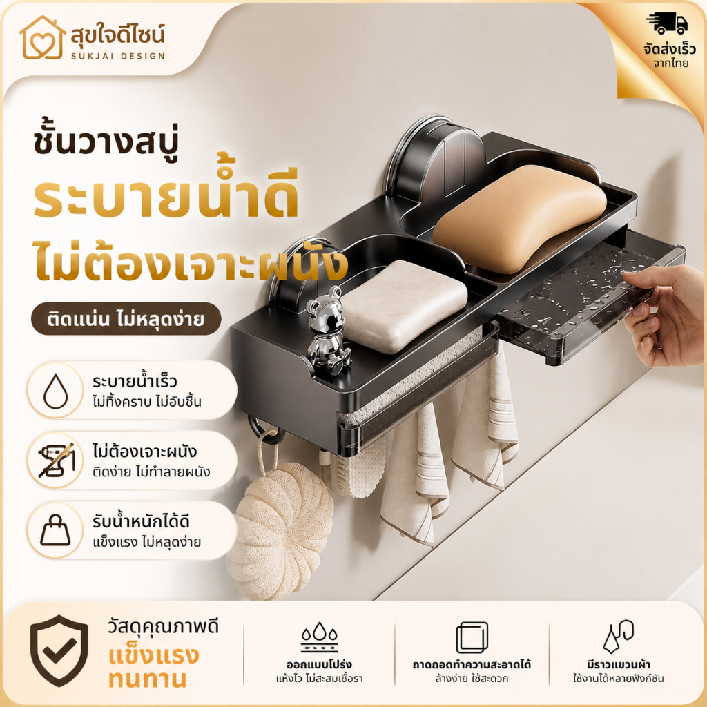 กล่องสบู่ถ้วยดูดติดผนังพลาสติก พร้อมท่อระบายน้ำ ไม่ต้องเจาะ แข็งแรง พกพาง่าย สำหรับห้องน้ำ