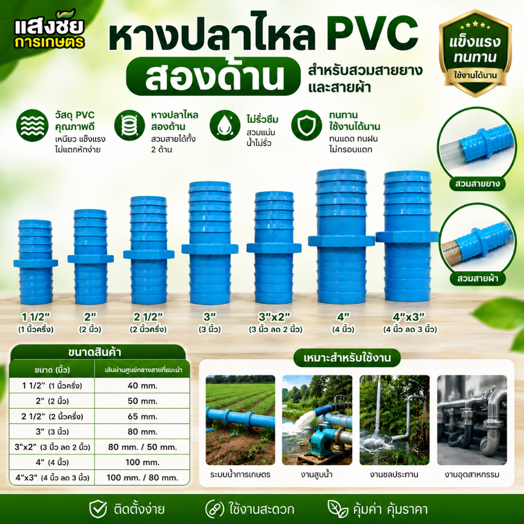 ข้อต่อหางปลาไหล PVC 2 ด้าน  K&P ข้อต่อสายส่งน้ำ สายยาง สายดูด (สีฟ้า) ขนาด 1 นิ้วครึ่ง - 4 นิ้ว