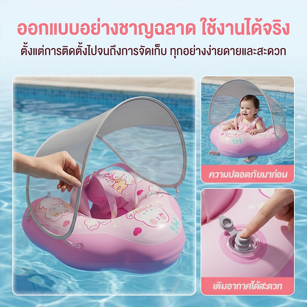 ห่วงลอยน้ำเด็กอ่อนมีหลังคา ป้องกันUV 50+ ป้องกันพลิกคว่ำ ขนาด 57x48cm สำหรับเด็กเล็ก