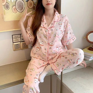 ชุดนอนสไตล์เกาหลี ผ้าไหมญี่ปุ่นนุ่มใส่สบาย แขนสั้น ขายาว บิ๊กไซส์ L-4XL ส่งไว