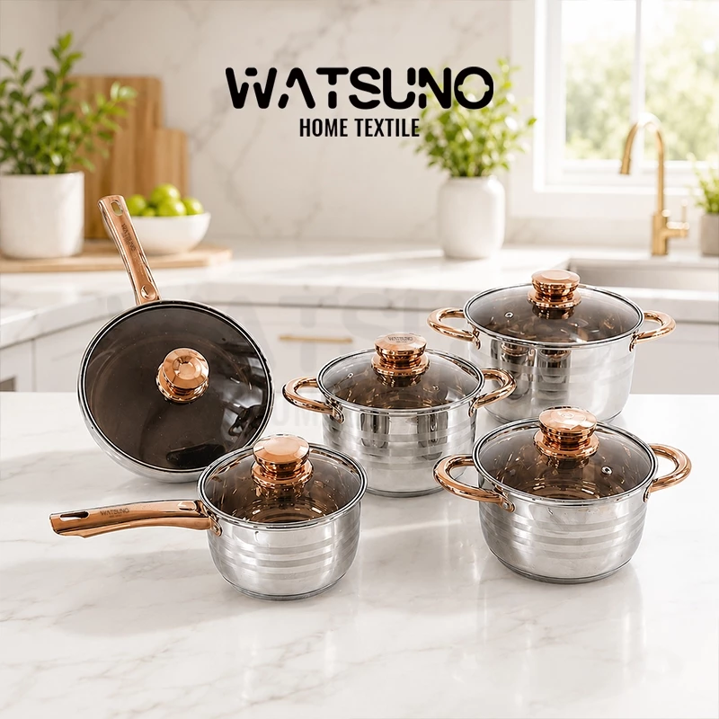 Watsuno.ชุดเครื่องครัวสแตนเลสอเนกประสงค์ กระทะ หม้อ หม้อตุ๋น หม้ออาหารเช้าพร้อมฝาปิด ใช้ได้กับเตาทุกประเภท
