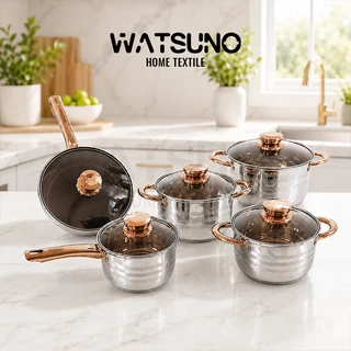 Watsuno.ชุดเครื่องครัวสแตนเลสอเนกประสงค์ กระทะ หม้อ หม้อตุ๋น หม้ออาหารเช้าพร้อมฝาปิด ใช้ได้กับเตาทุกประเภท