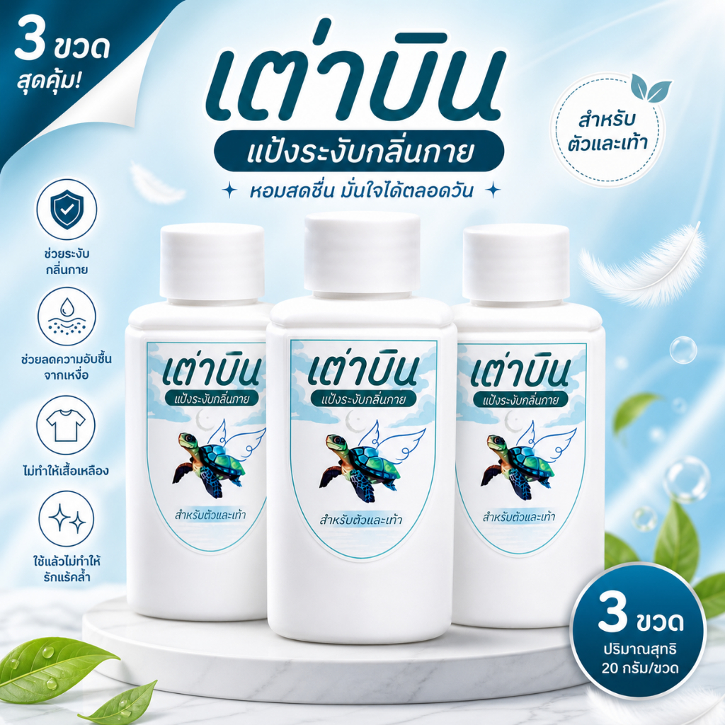 เต่าบิน(แพ็ค 3 ขวด) แป้งระงับกลิ่นกายและเท้า สุดคุ้ม 20กรัม/ขวด ใช้ได้ทุกวัน