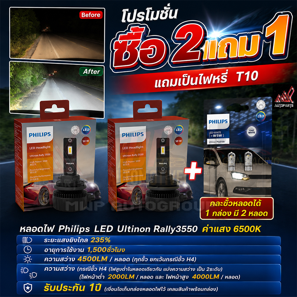 Philips Ultinon Rally 3550 HL-LED กำลังไฟ 50W ค่าแสง 6500K (สินค้าของแท้ พร้อมส่ง) รับประกัน 1ปี ราคา ถูกที่สุด ดีลบีเคเค