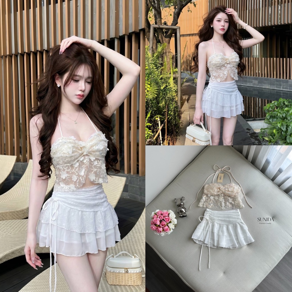 SUNIDA Setดอกไม้วิ้งๆๆ 3Dสีครีม