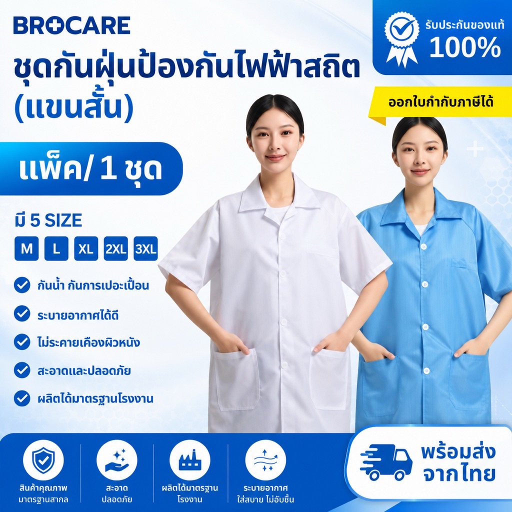 ชุดเสื้อกาวน์ กันไฟฟ้าสถิต แขนสั้น  | ระบายอากาศ เบา ใส่สบาย พร้อมส่งจากไทย
