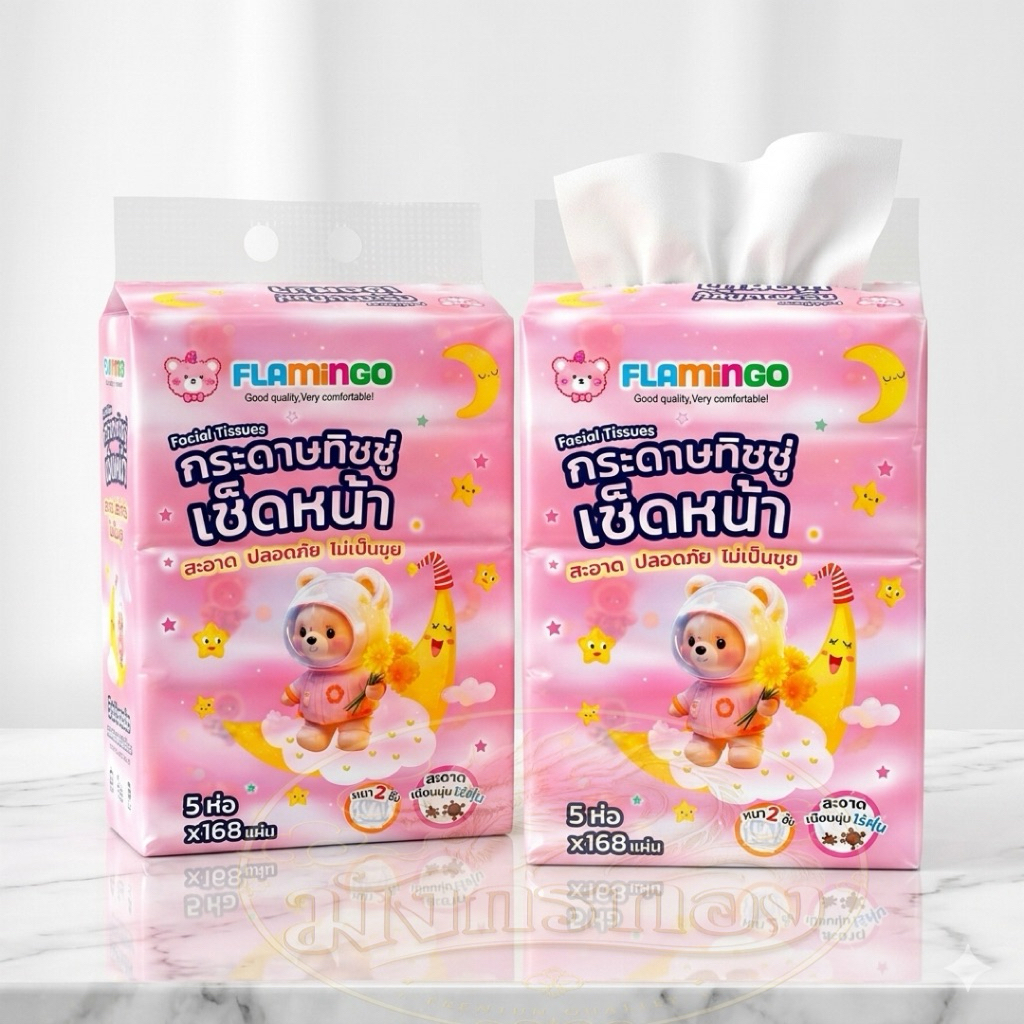 กระดาษทิชชู Flamingo ทิชชู่ หนา 2 ชั้น 168 แผ่น ลายหมีอวกาศ กระดาษทิชชู่เช็ดหน้า ไร้ฝุ่น อ่อนโยนต่อผิว ไม่เป็นขุย