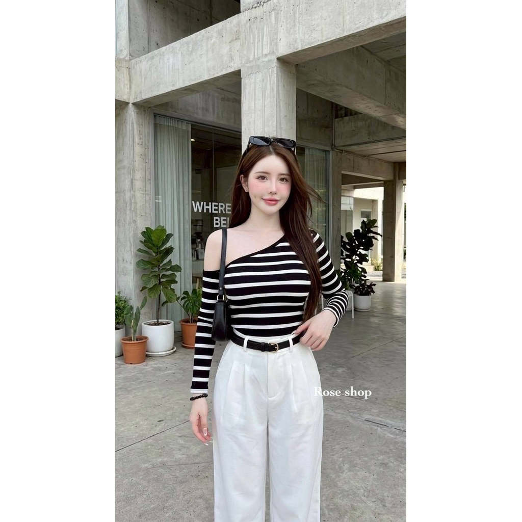 Phapassz - Set3ชิ้น เสื้อปาดไหล่ลายริ้ว + กางเกงขายาวแถมเข็มขัด ไฮโซสุดๆผ้าเนื้อดีสาวติดแกรม #Roseshop