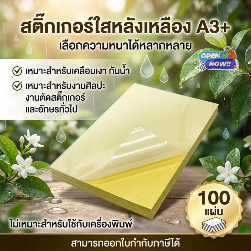 สติ๊กเกอร์ PVCใส หลังเหลือง (100 แผ่น) ขนาด 53X35 cm. ขนาดA3++ สำหรับเคลือบเอกสาร พลาสติกใส เคลือบใส