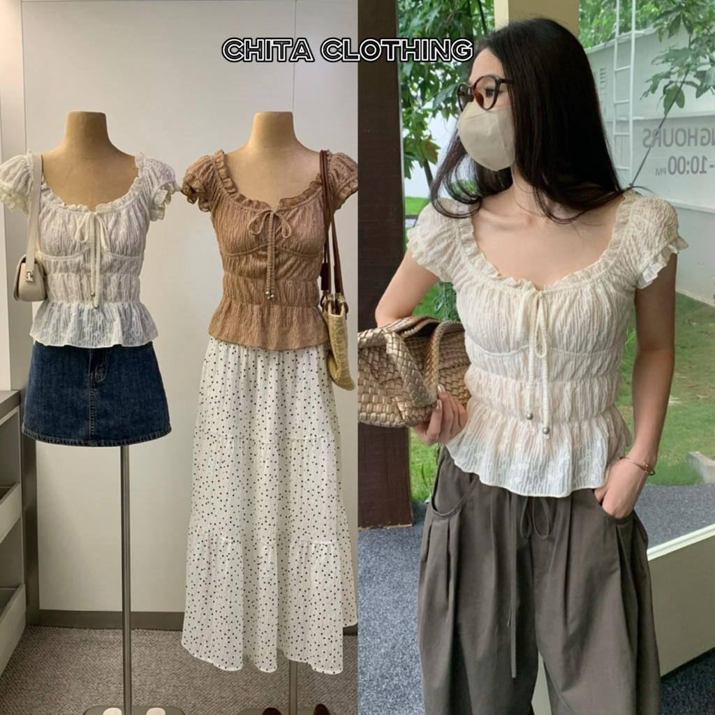 9593# เสื้อคอยู มีเชือกผูกโบว์ช่วงอก เนื้อผ้าดี งานสวย  TAG:WG.WE 🇰🇷