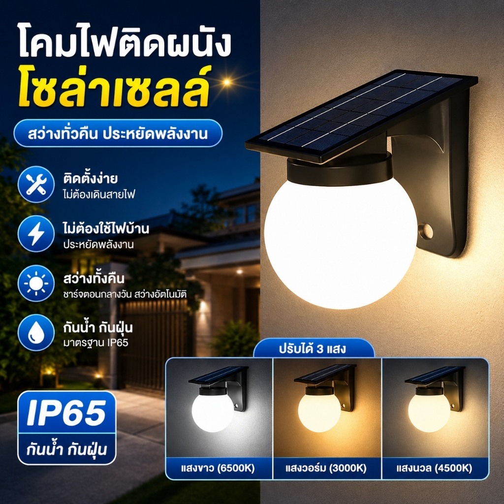 Solar Light ไฟติดผนังไฟโซล่าเซลล์ โคมไฟติดผนัง พลังงานแสงอาทิตย์ กันน้ํา กลางแจ้ง