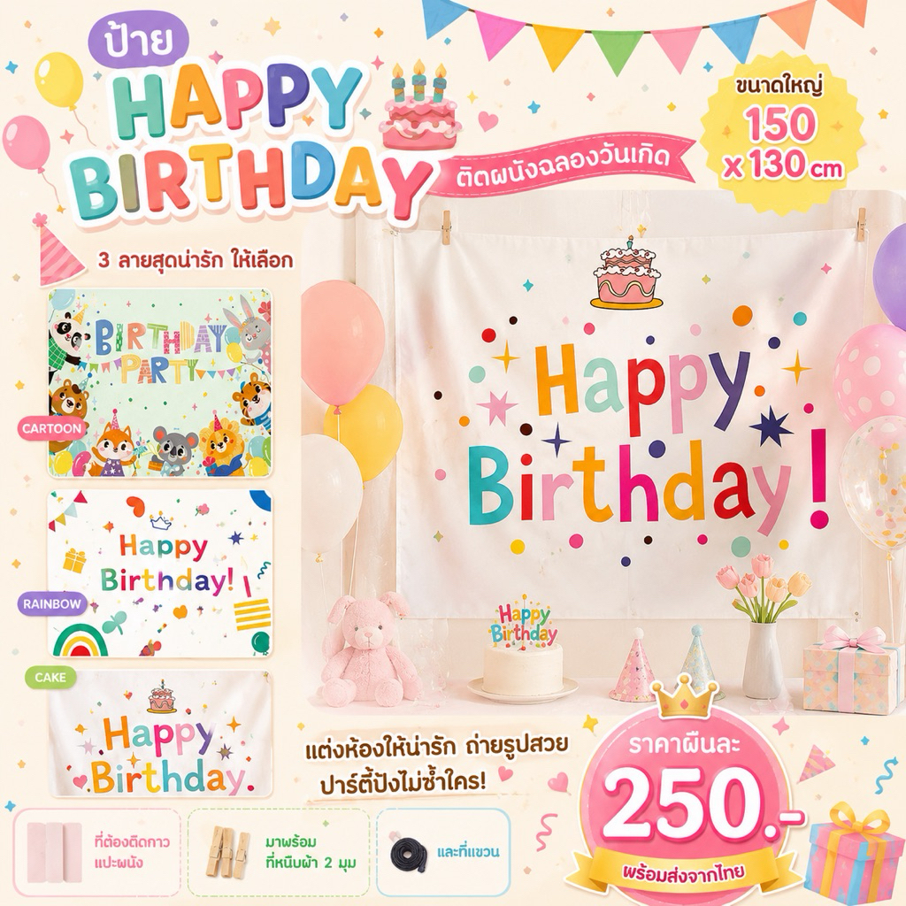ป้าย happy birthday ติดผนังฉลองวันเกิด (TOY467)