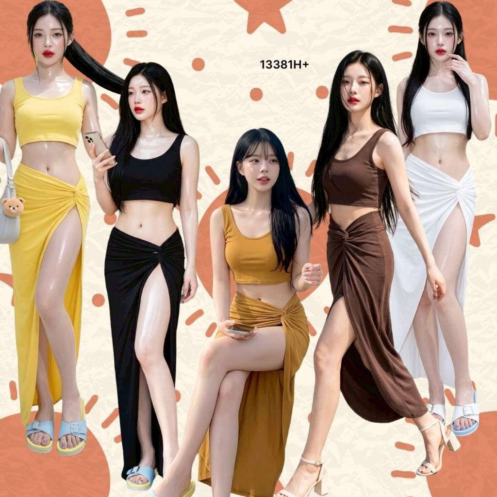 Set 2 ชิ้น เสื้อครอปแขนกุด + กระโปรงผ่าสูง TT13381