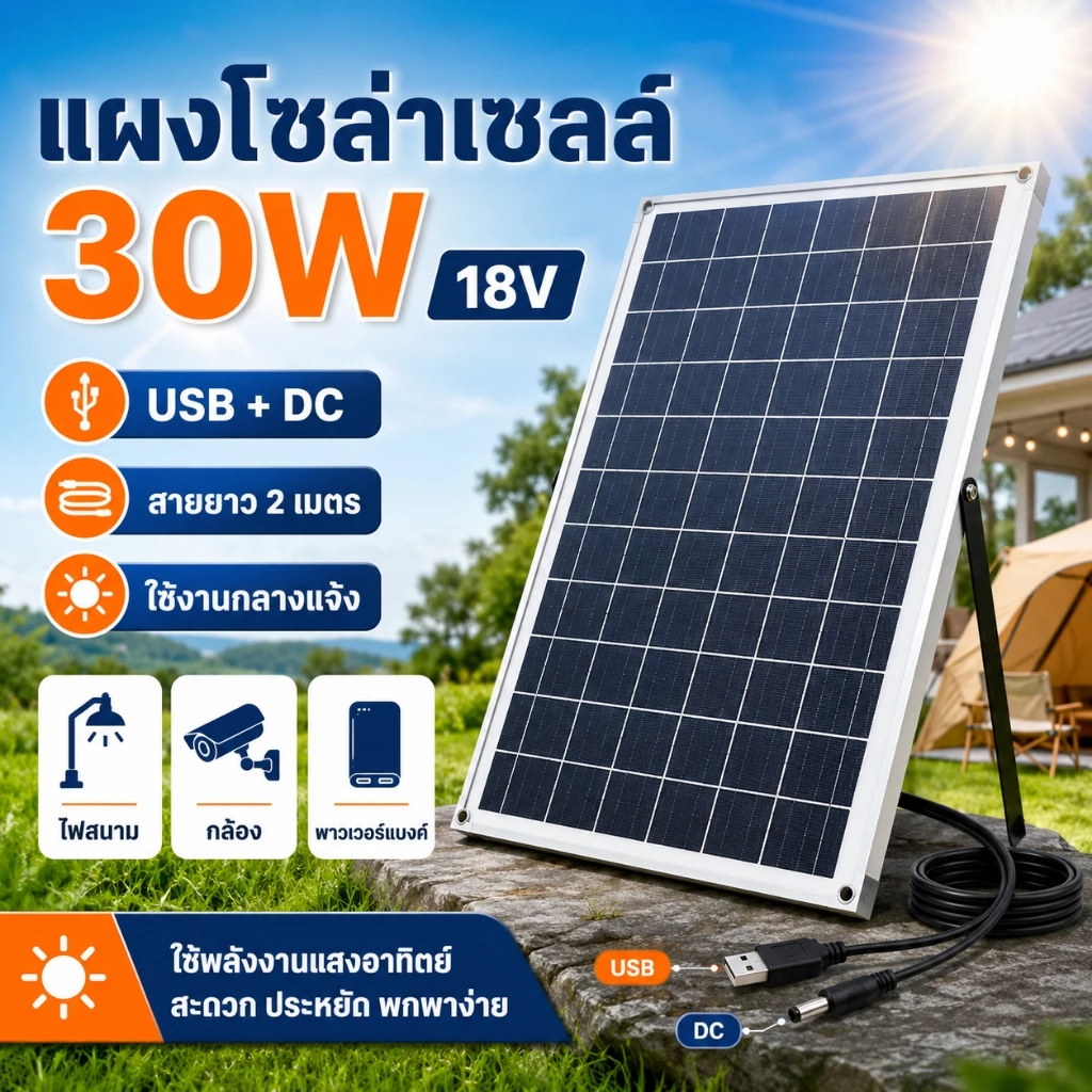 พร้อมส่ง แผงโซล่าเซลล์ 30W 18V USB+DC สาย 2M ใช้กลางแจ้ง สำหรับไฟสนาม กล้องวงจรปิด อุปกรณ์ DC