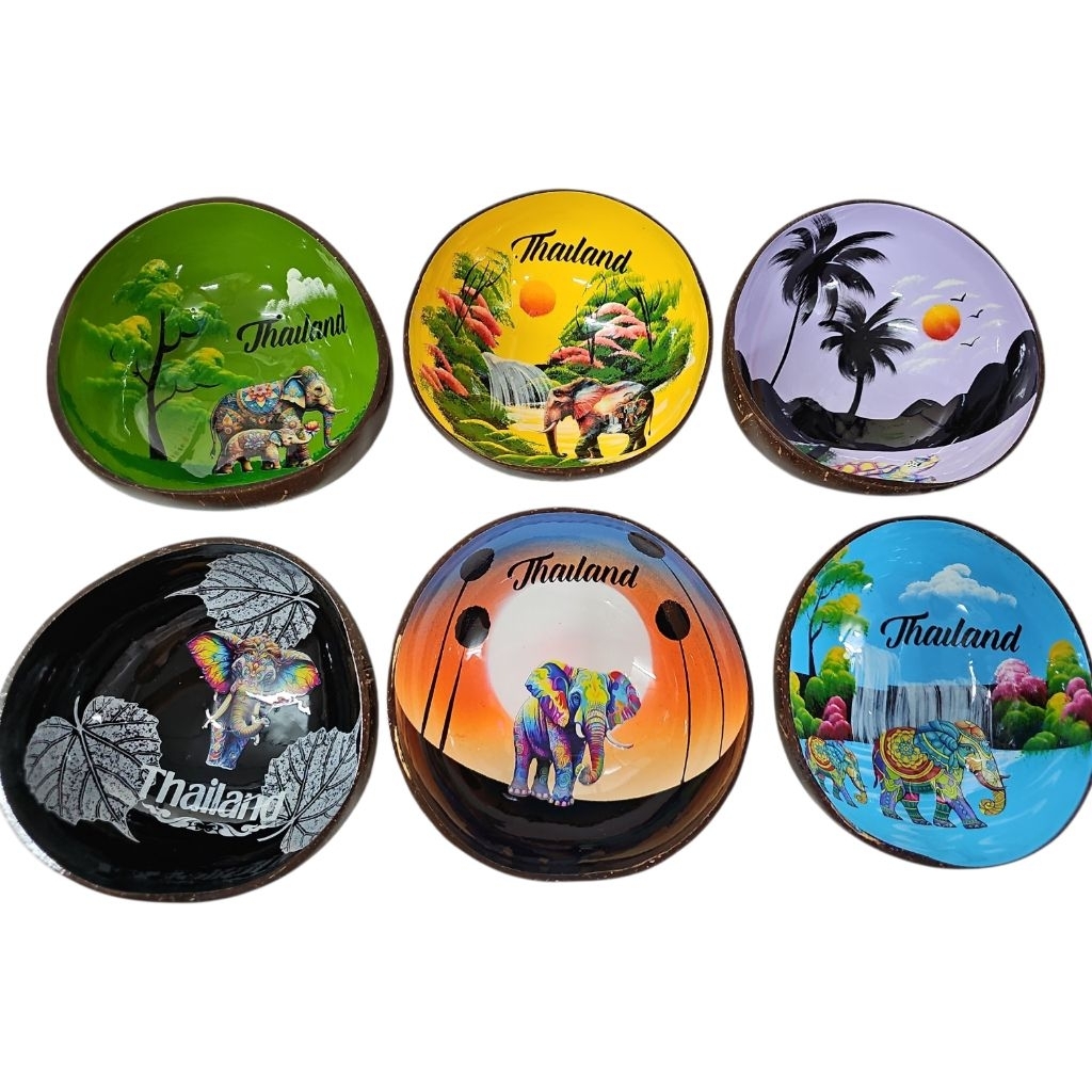 AV6กะลามะพร้าวเพ้นท์ลายไทย งานทำมือ ของฝากไทยสไตล์วินเทจ Coconut Shell Bowl Handmade Thailand Souvenir