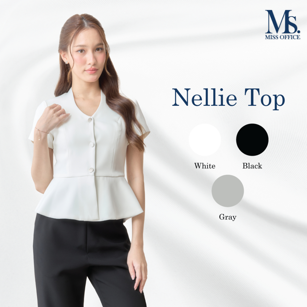 Miss Office เสื้อคอปีนแขนสั้นกระดุมหน้า (Nellie Top) (MT-491)
