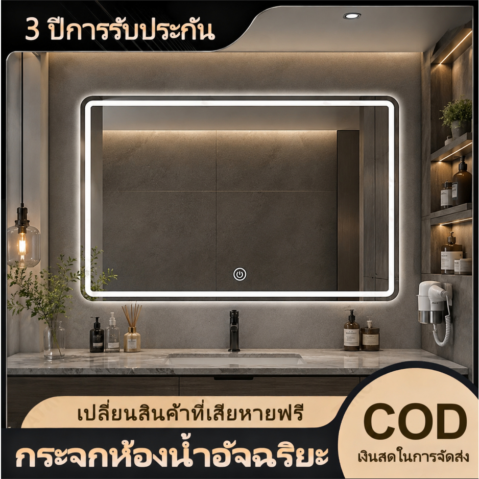 ZAMOTO LEDกระจกห้องน้ำรูปวงกลมควบคุมด้วยการสัมผัสและมีไฟสามสี ขนาด 50/60/70/80 ซม.