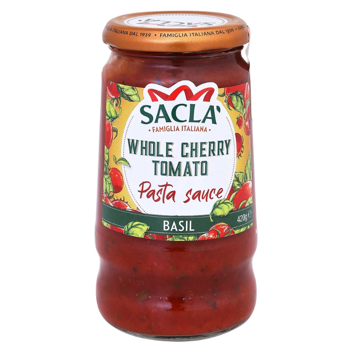 ซอสพาสต้าผสมใบโหระพา 420กรัม ตราซาคล่า - Basil Pasta sauce with Whole Cherry tomato 420g Sacla brand