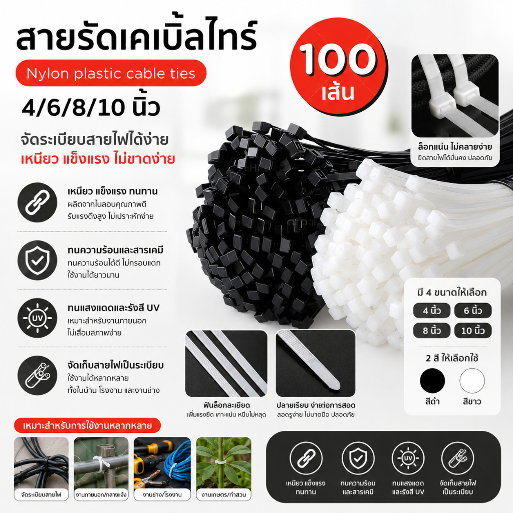 สายรัดเคเบิ้ลไทร์ Nylon Cable Tie หนวดกุ้ง สายรัดสายไฟ ขนาด 4/6/8/10 นิ้ว ทนร้อน จัดระเบียบสายไฟ
