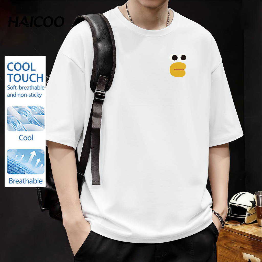 HAICOO เสื้อยืดยูนิเซ็กส์ ทรงหลวม ผ้าฝ้ายแท้ 100% คอกลม แขนสั้น ใส่สบายเหมือนอยู่บนก้อนเมฆ