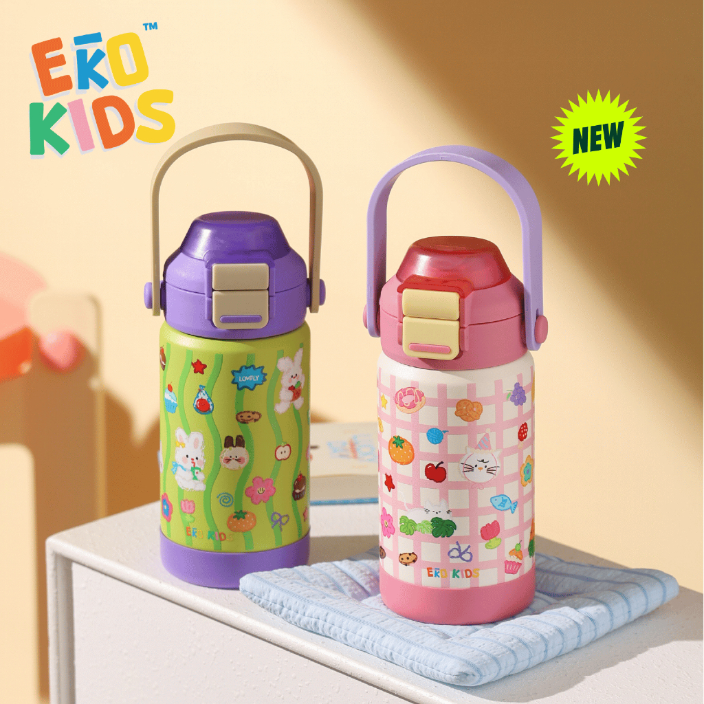 EKOKIDS รุ่นฝา 2 ชั้น ขวดน้ำสแตนเลส 304 เคลือบเซรามิก ขนาด 360ml/12oz ขวดน้ำสำหรับเด็ก มีหลอดดูด