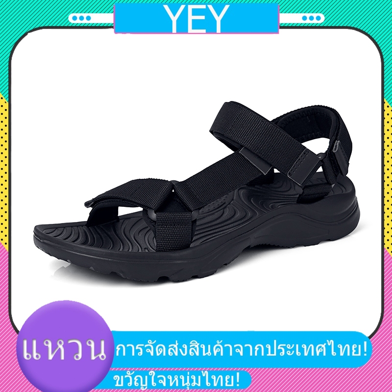รองเท้าแตะชายสำหรับชายหาดกลางแจ้ง น้ำหนักเบา ระบายอากาศได้ดี สายรัดเวลโคร สีดำ ขนาด 39-46
