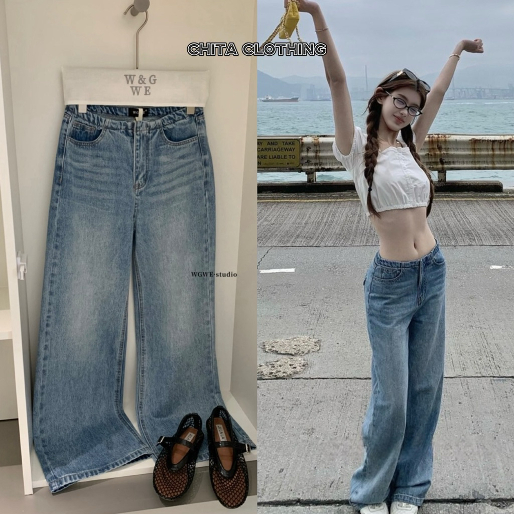 📍พร้อมส่ง📍9619# กางเกงยีนขายาว งานฟอก  เนื้อผ้าดี ทรงสวย TAG:WG.WE 🇰🇷