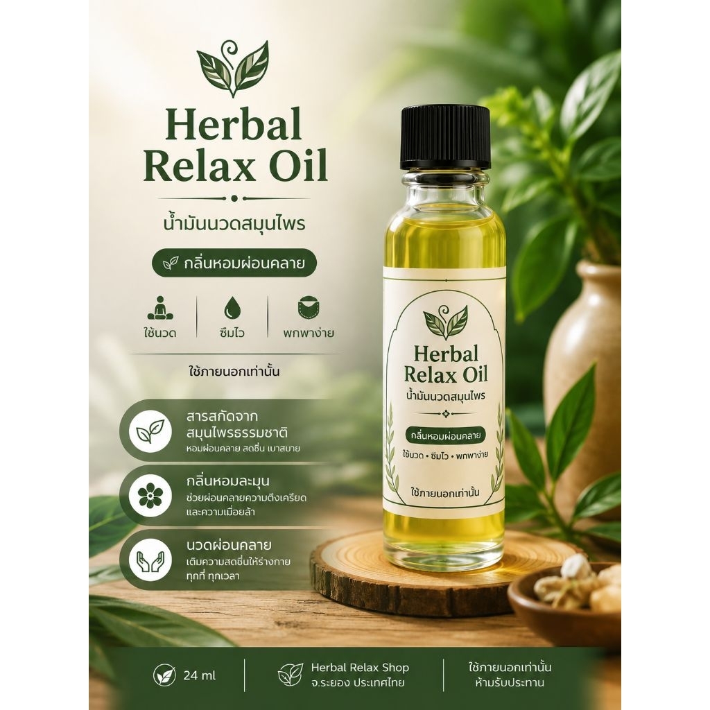 Herbal Relax Oil น้ำมันนวดสมุนไพร (สูตรเย็น)  กลิ่นหอมผ่อนคลาย ใช้นวด พกพาง่าย