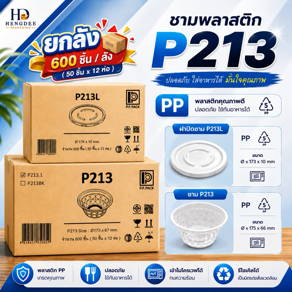 ชามพลาสติก P213 / P213L / ชาม PP45 ใส่ก๋วยเตี๋ยว ข้าว อาหารเดลิเวอรี่ เข้าไมโครเวฟได้ (ยกลัง 600 ชิ้