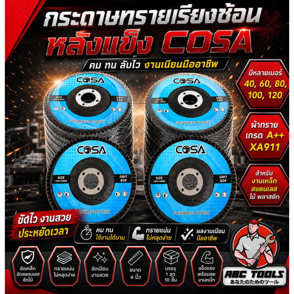 (ขายยกชุด 1 ชุด = 10 ชิ้น) กระดาษทรายเรียงซ้อน กระดาษทรายซ้อน หลังแข็ง 4 นิ้ว COSA เบอร์ 40 60 80 100 กระดาษทรายซ้อน ผ้า