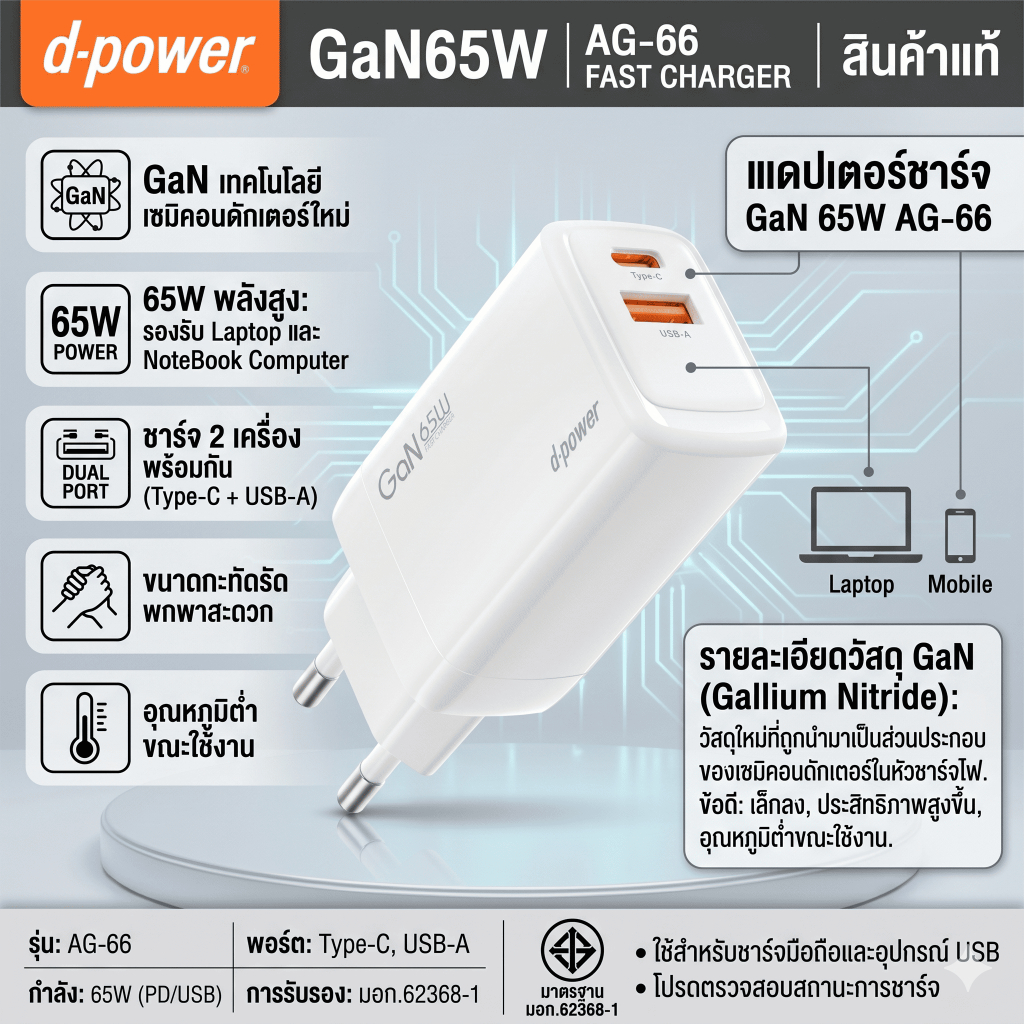 d-power Adapter GaN65W Super Fast Charger สีขาว รุ่น AG-66 หัวชาร์จเร็ว PD 65W 2 พอร์ต Type C/USB-A