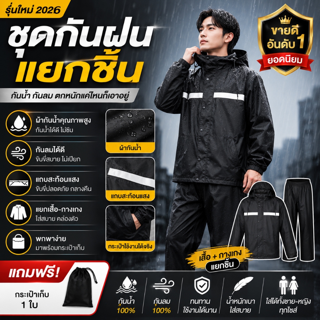 ชุดกันฝน เสื้อกันฝนแยกชิ้น กันน้ำ100% กันลม สำหรับขี่มอเตอร์ไซค์ ผู้ชายผู้หญิง มีแถบสะท้อนแสง พับเก็บได้ พร้อมส่ง