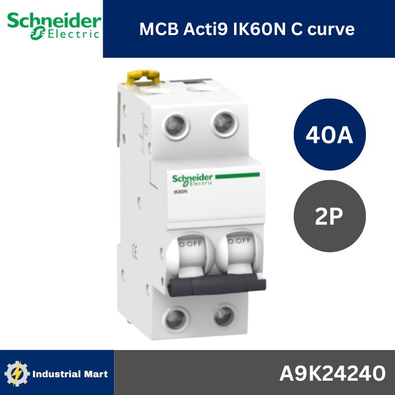 Schneider Electric A9K24240 Miniature circuit breaker, Acti9 iK60N, 2P, 40A, C curve, 6000 A, 6kA
