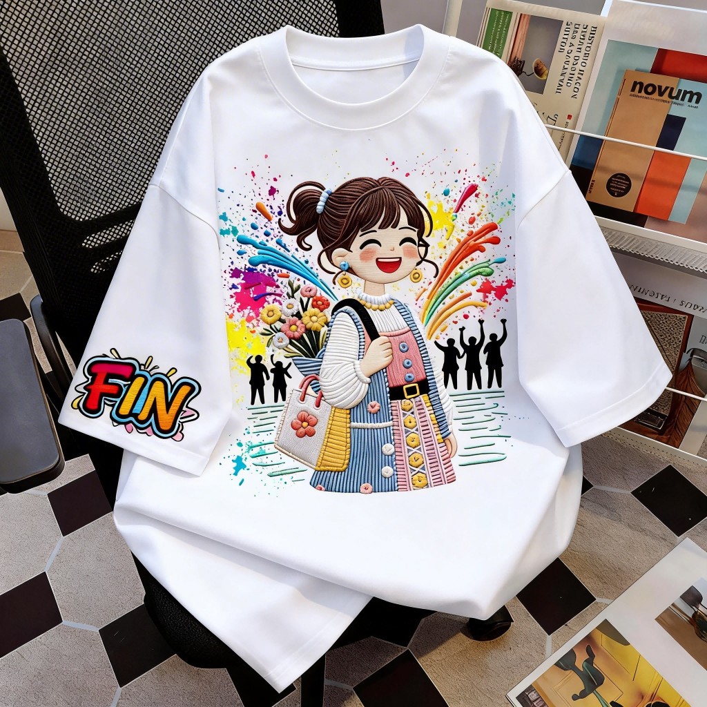 oversize เสื้อยืดโอเวอร์ไซส์ แบบเกาหลีเท่ๆ " Joyful Girl " ลายพิมพ์เหมือนผ้านิ่มใส่สบาย ส่งปลายทางได้📦 5.8