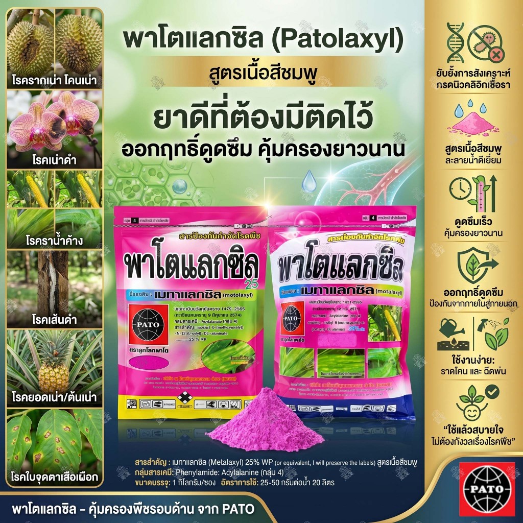 พาโตแลกซิล 35 และ เมทาแลกซิล 25 (ชมพูเข้ม) ขนาด 1 กิโลกรัม เมทาแลกซิล 35 โรคเน่า โรคราน้ำค้าง ใบจุด