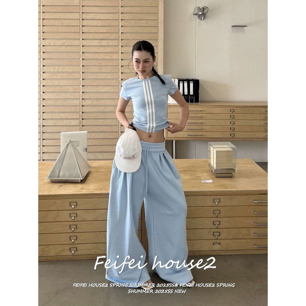 [Striped T-shirt Wide-leg Pants Set]ชุดเสื้อยืดแขนสั้นลายทางสีคอนทราสต์สไตล์ลำลองกางเกงขากว้าง
