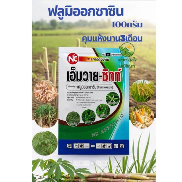 ฟลูมิออกซาซิน 50%  100 กรัม *5ไร่*คุมแห้ง (สารเดียวกับซูมิโซย่า) ยาคุมหญ้าอ้อย มันสำปะหลัง ข้าว ข้าวโพด คุมวัชพืชก่อนงอก