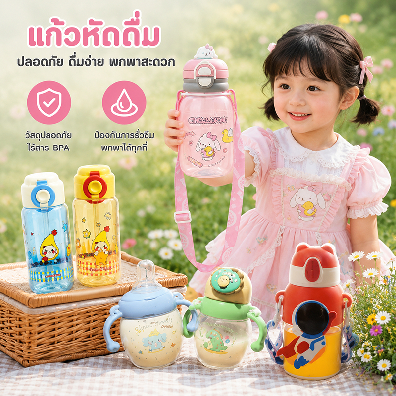 แก้วหัดดื่ม กระติกน้ำเด็ก 300/600/680ml ลายการ์ตูนน่ารัก แบบพกพา ขวดหัดดื่ม
