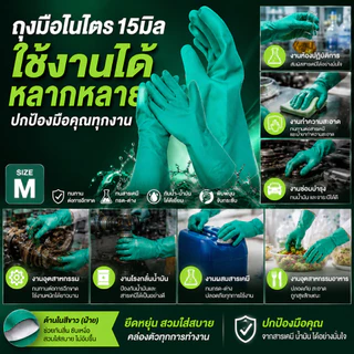 Readycare ถุงมือแม่บ้าน/อุตสาหกรรม ถุงมือไนไตร จำนวน 1 คู่ สีเขียว ขนาด 15 มิล กันลื่น