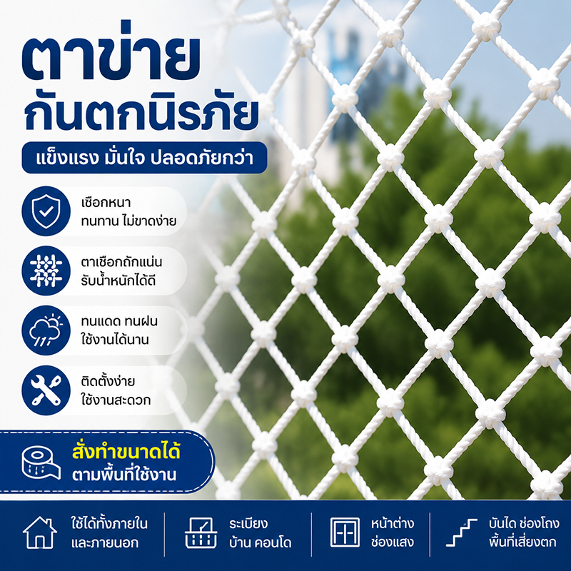 ตาข่ายกันตกสำหรับสัตว์เลี้ยงโดยเฉพาะ ขนาดตาข่าย 5 ซม. ใช้ป้องกันน้องหมา น้องแมว และสัตว์เลี้ยงขนาดเล็กตกจากที่สูง