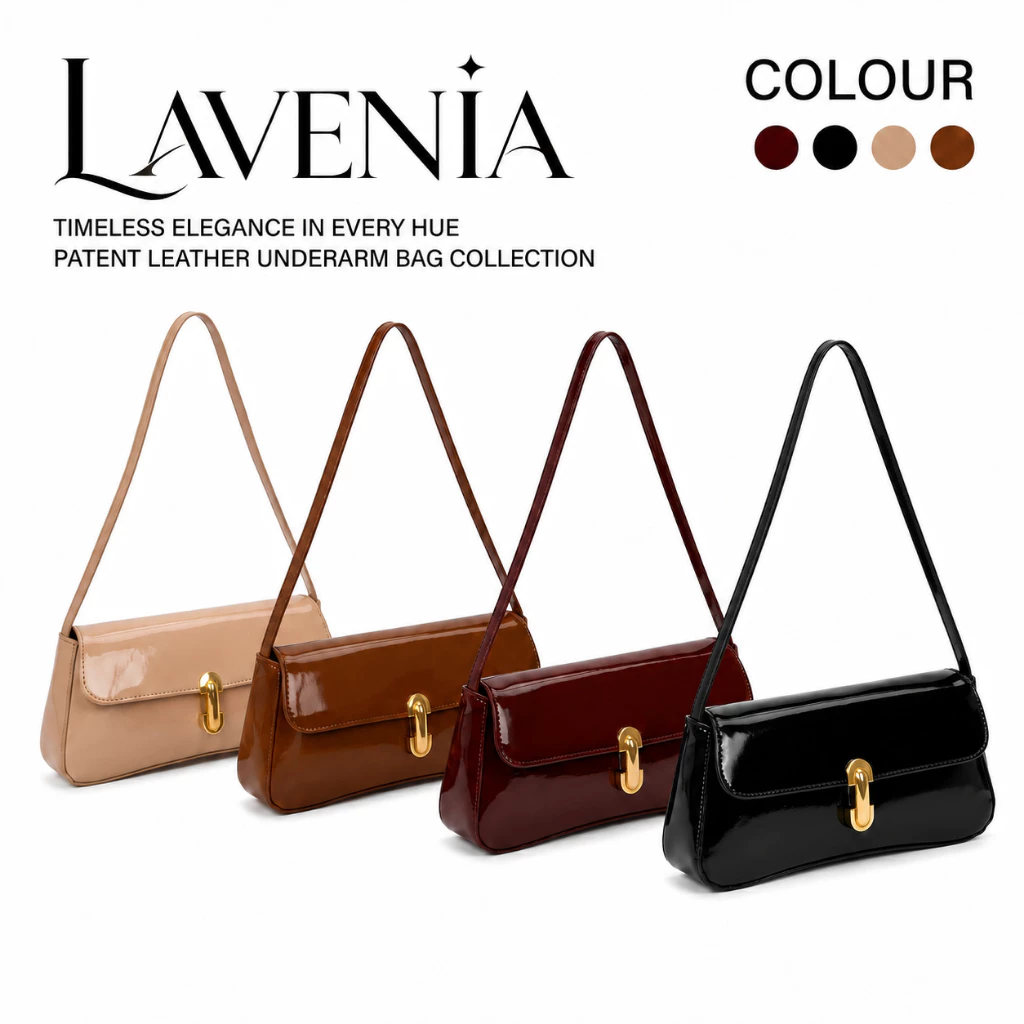 LAVENIA มาใหม่ กระเป๋าสะพายไหล่ผู้หญิง หนังแก้วเงาสวย ทรงยาวเรียบหรู สีแฟชั่น กระเป๋าใต้วงแขนสไตล์เกาหลีสำหรับทำงานและเท